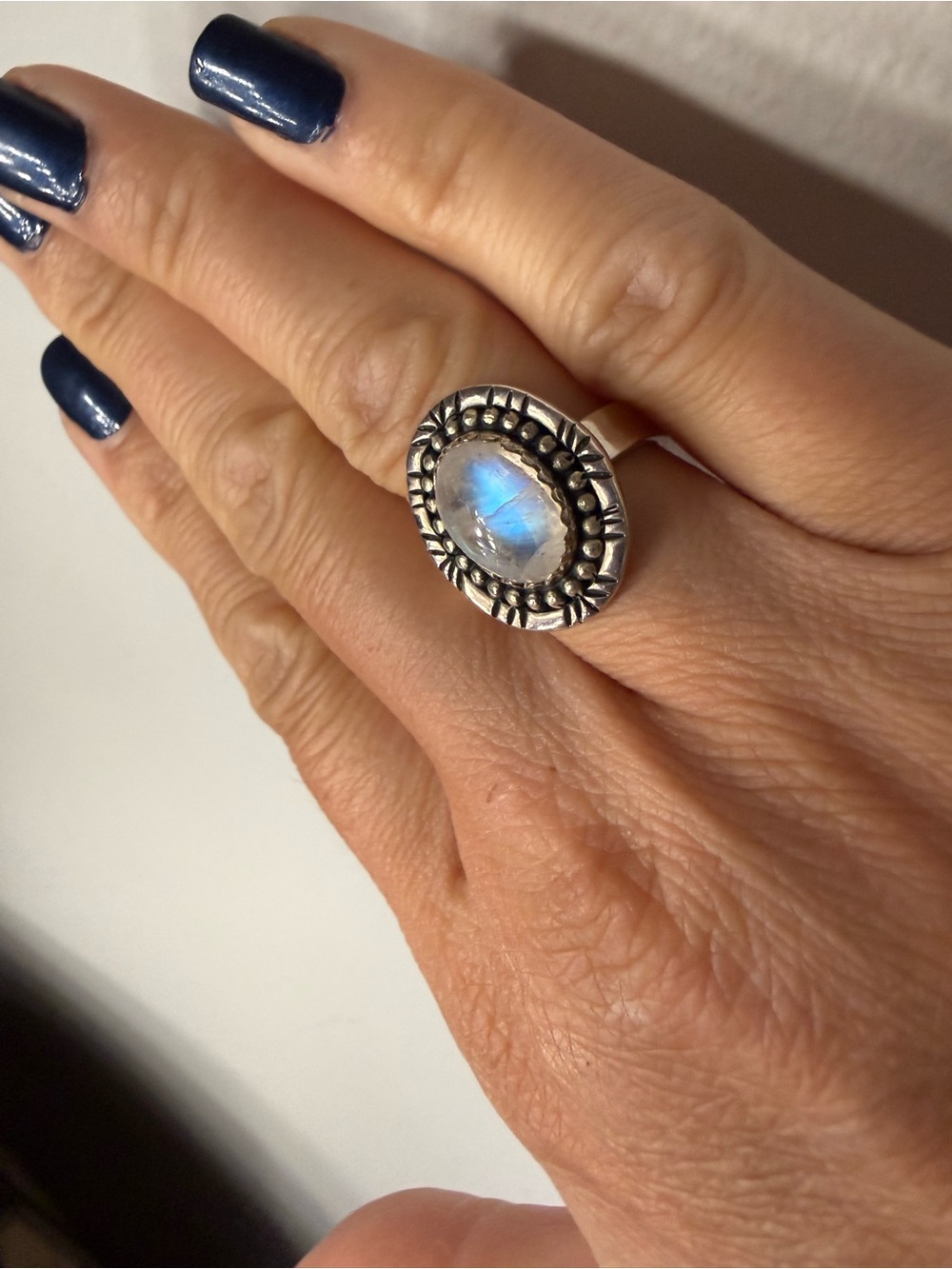 Moonstone Sterling Silver Ring Blue Flash size 6